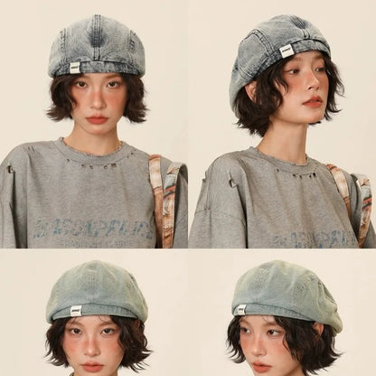 Quality Retro Pre-Washed Denim Beret Versatile Good Face-forward Hat