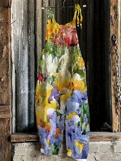 Sling Jumpsuit, Tie String Straps, Floral Printed, Wide Leg Pants, Casual Outdoor, Loose,  Comfortable, Breathable