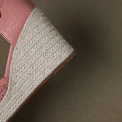 Genuine leather Boho Narrow t-strap Hemp wedge Platform sandals Square toe