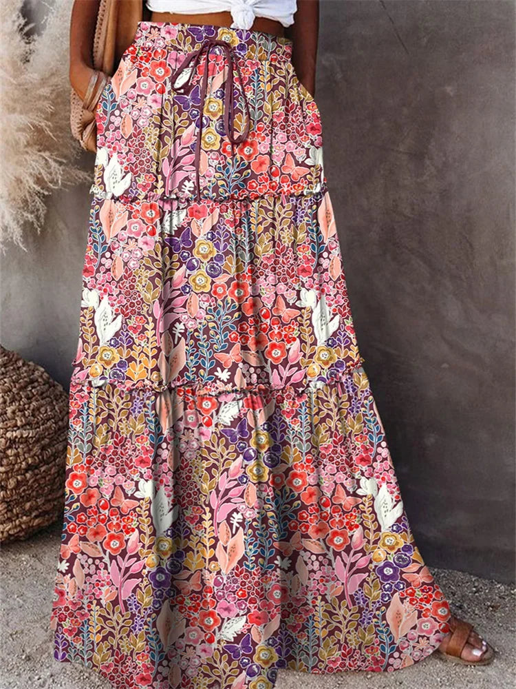 Bohemian Long Skirt with  Elastic High Waist, Tiered A-line with Pockets