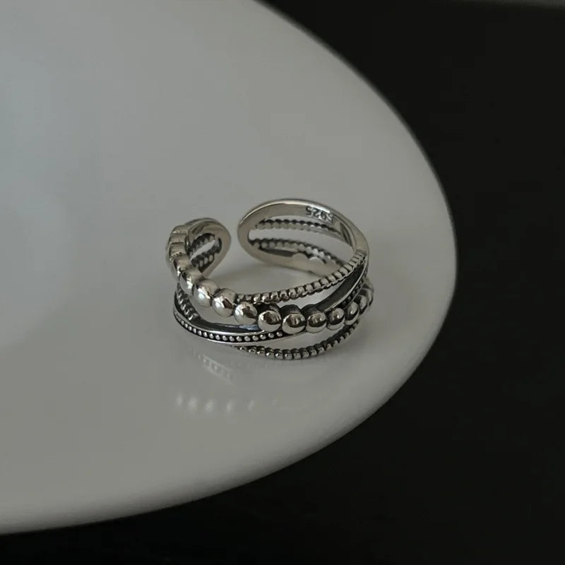Sterling Silver Rings INS Fashion Vintage Hollow Lines  Adjustable  Jewelry