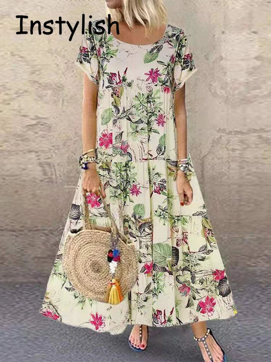 Vintage Boho Floral Print Maxi Dress, Short Sleeve, Boat- Neck, Cotton and Linen, Loose, Oversize