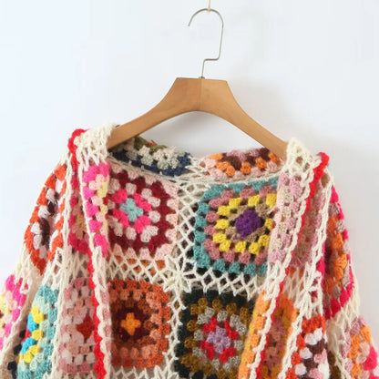 Boho hand-made crocheted cardigan, Square pattern, loose knitted cardigan, Hooded with long sleeves