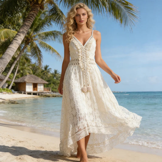 Bohemian Summer Casual V Neck Lace Spaghetti Strap Sundress with High/Low Hem