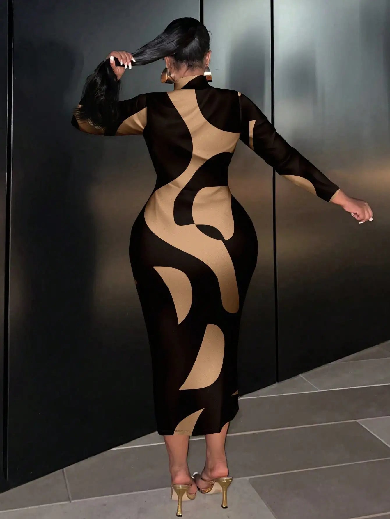 Plus Size to 4XL Tan and Black Dress fitted with Long Sleeves