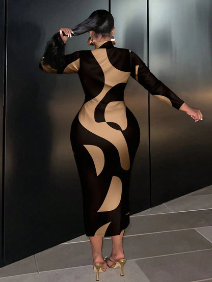 Plus Size to 4XL Tan and Black Dress fitted with Long Sleeves