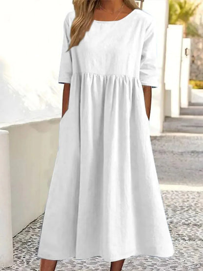 Cotton and Linen Casual Short Sleeves, Pockets, Loose Round Neck
