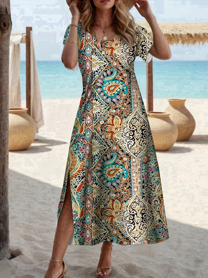 Sizes to 2XL  Loose Casual Dress with short sleeves and a slit to just above the knee