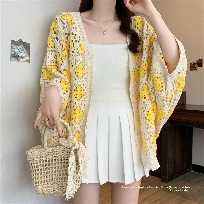 Bohemian Style Hollowed-out Long Sleeve Light Weight Sweater with V Neck and Batwing Sleeves