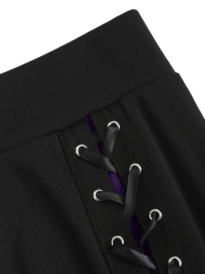 Sizes to 5XL in Red and Purple Accents, European and American fashion, lace-up high waisted A-line skirt