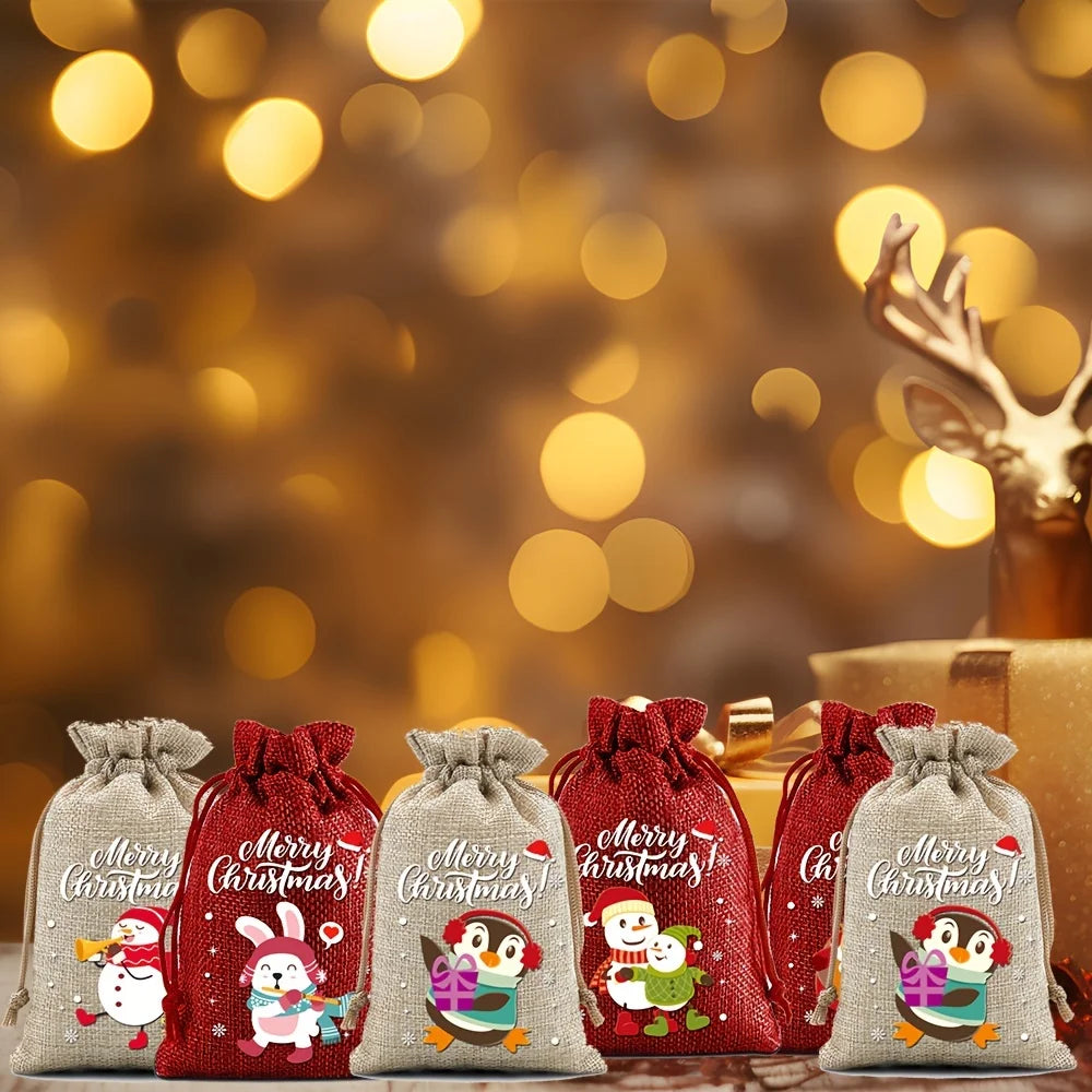 Christmas Drawstring Burlap Gift Bags, 12-Pack, 2 Colors