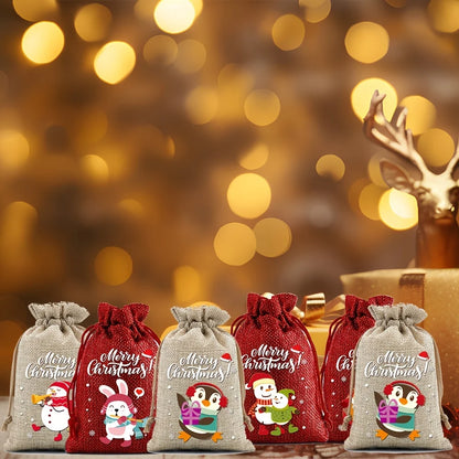 Christmas Drawstring Burlap Gift Bags, 12-Pack, 2 Colors