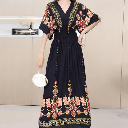 Bohemian Dress, Striped Colorful Flower Print, V-Neck, Elastic Waist, Large Swing Skirt, Batwing Sleeves