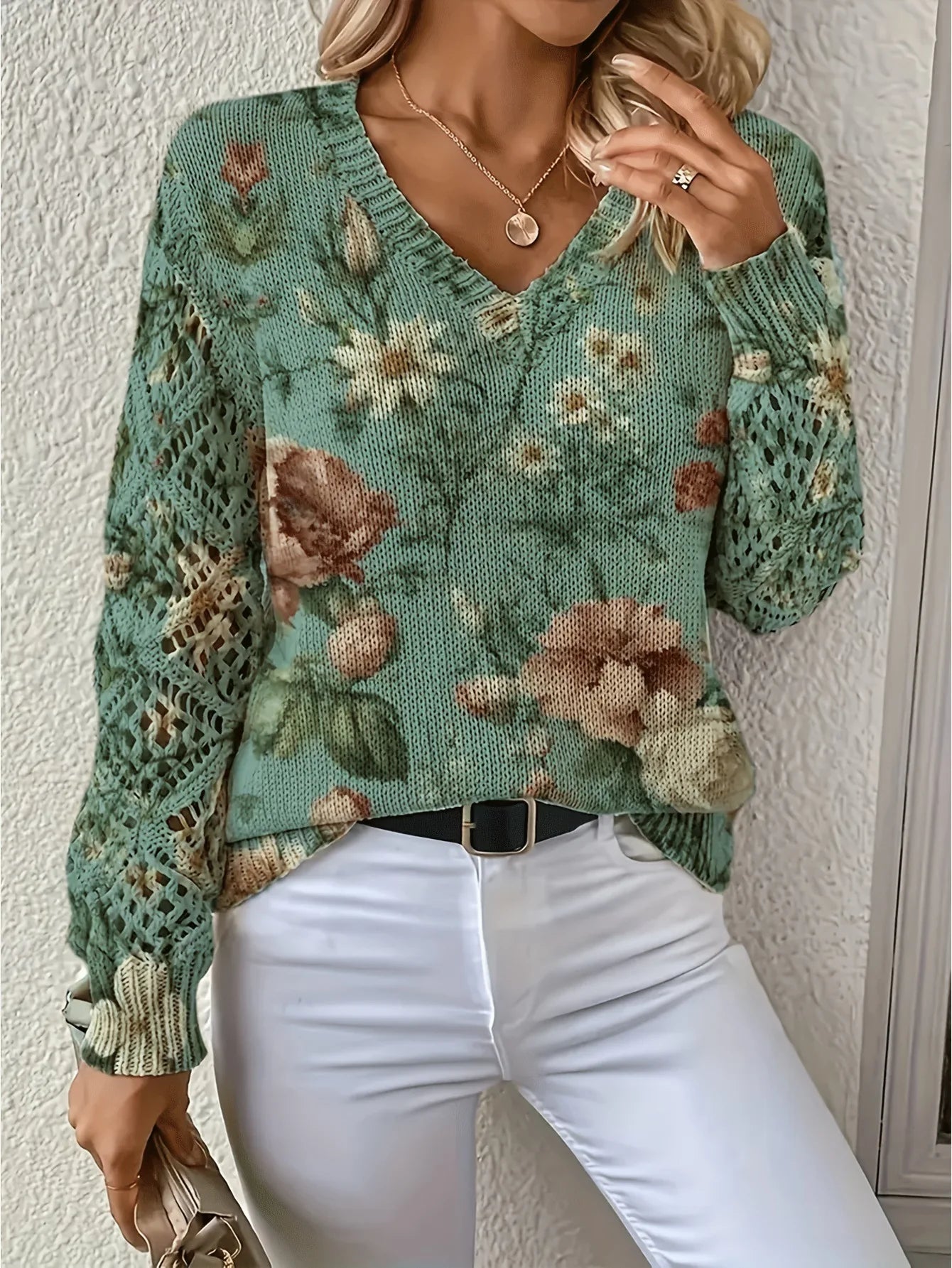 Boho Floral Print V Neck Crocheted Long Sleeved Sweater with Hollowed Out Knit Sleeves in 12 Different Designs