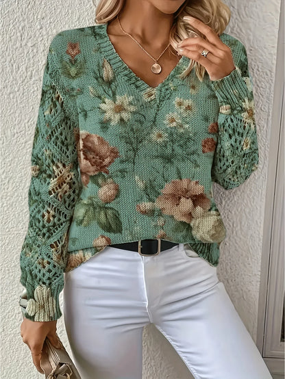 Boho Floral Print V Neck Crocheted Long Sleeved Sweater with Hollowed Out Knit Sleeves in 12 Different Designs