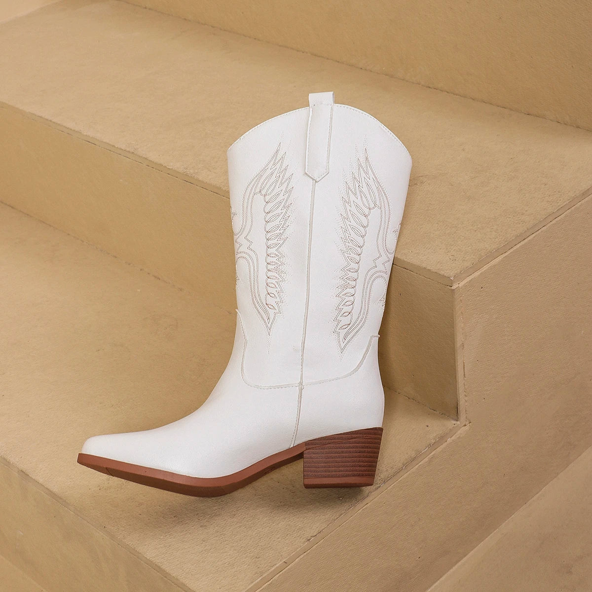Vintage Country-Western Cowgirl Boots with Chunky Heels and Etched Wing Designs