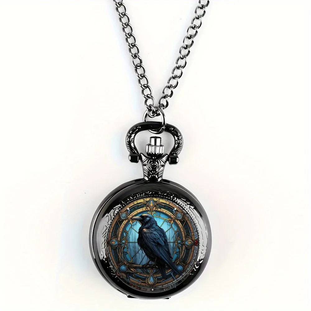 Unique Vintage Black Crow Mini Quartz Pocket Watch, Necklace Pendant With World Time Feature,