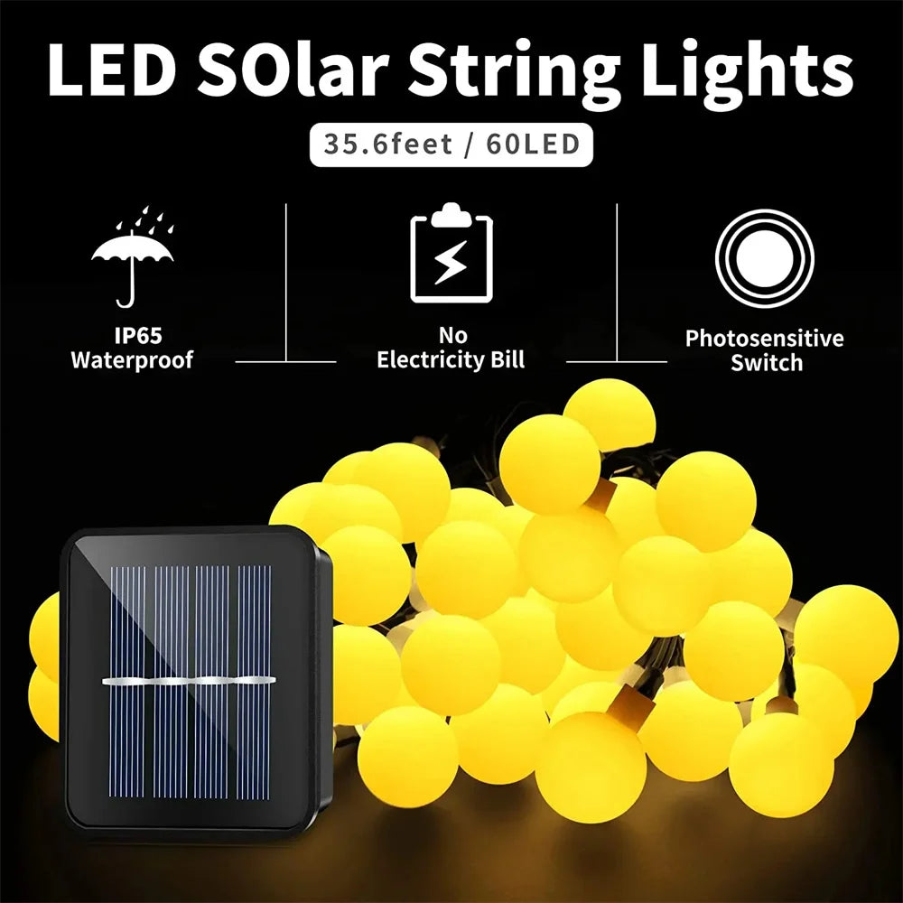 Frosted Globe Solar String Lights 100 LED IP65 Outdoor Fairy Lights