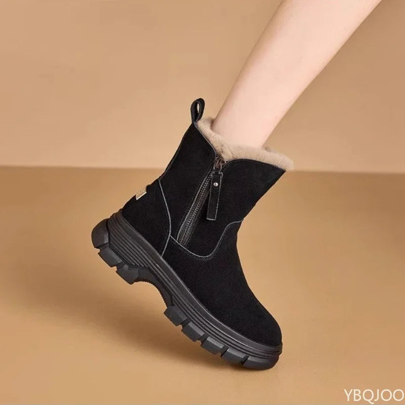 Thick cotton-lined snow boots with side zipper, weather-resistant, anti-slip, and  versatile short boots
