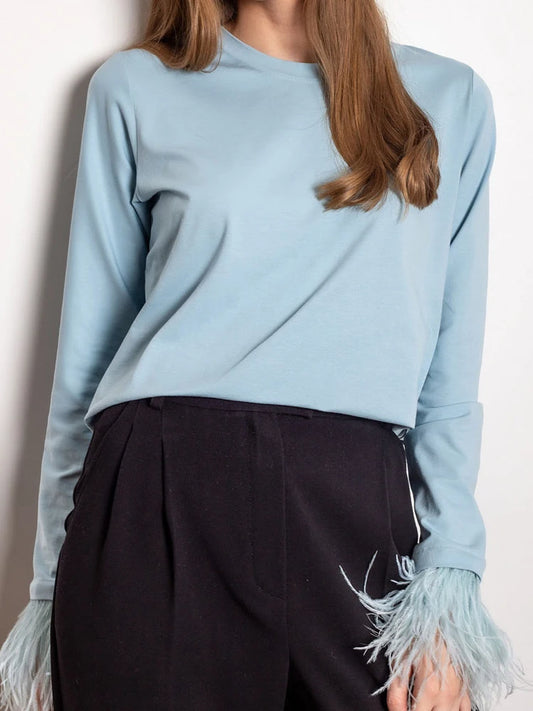 Chic T Shirt Spring Casual O Neck Solid Simple Loose Top split feathers on sleeves