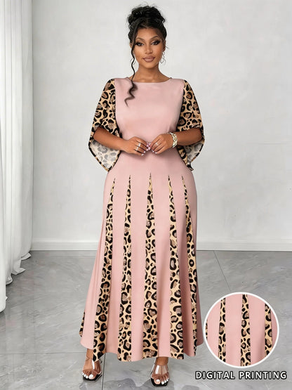Sizes to 5XL in 3 colors, Elegant Leopard Print Maxi Dress, 3/4 Sleeve, Comfortable & Stylish