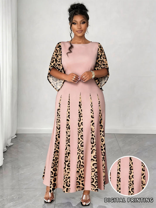 Sizes to 5XL in 3 colors, Elegant Leopard Print Maxi Dress, 3/4 Sleeve, Comfortable & Stylish