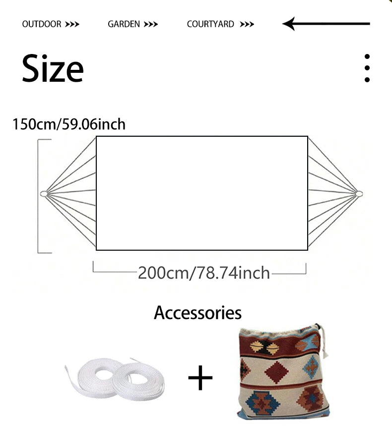 A Bohemian ethnic style outdoor double hammock with a storage bag and binding ropes.