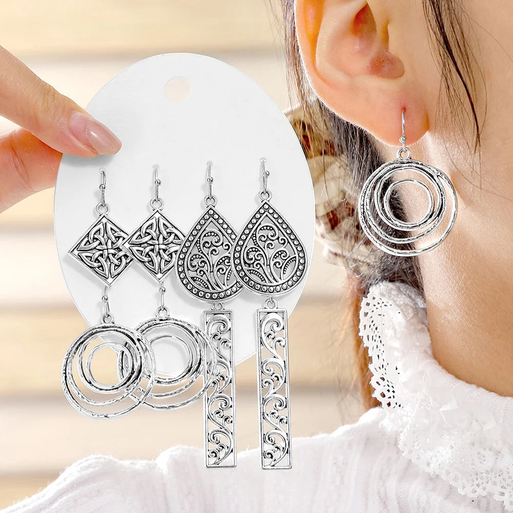 Vintage Ethnic Style Bohemian Antique Silver Geometric Earrings