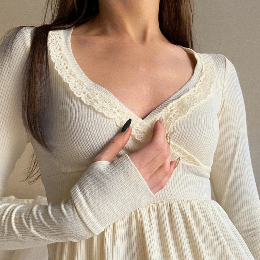 Vintage Baby Doll Fairy Top Long Sleeves Lace Lined V Neck