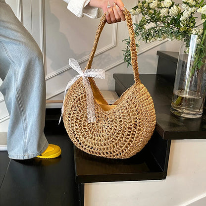 Casual Hobo Straw Shoulder Bags Handmade Weave Crossbody Bags Vintage