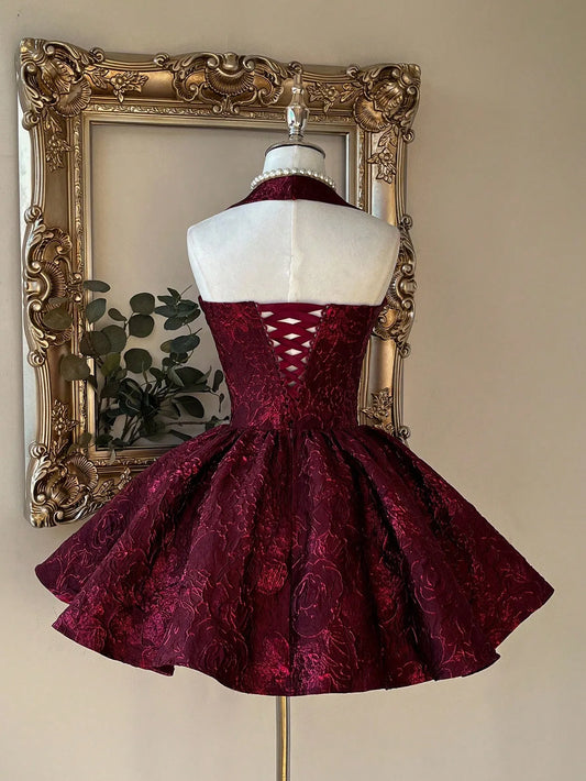 Burgundy Jacquard Halter Backless A-Line Mini Dress for Fun and Formal Events