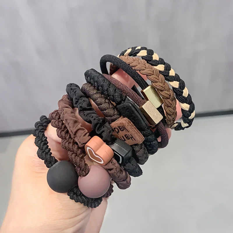 Boho Chic Women's Hair Ties Set - Cute Heart Charm & Bead Elastic Headbands for All Hair Types