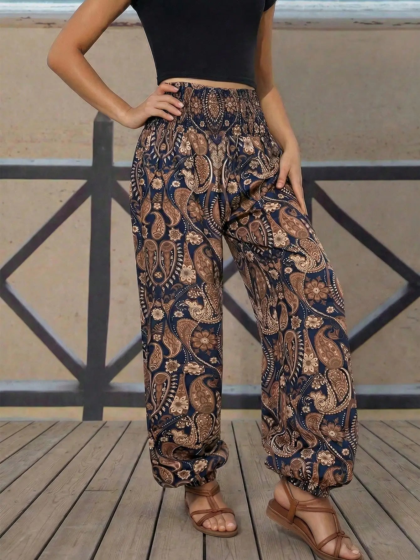 Boho Paisley Print High Waisted Harem Pants, Loose, Casual,  Elastic Cuff, Comfortable and Stylish