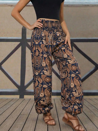 Boho Paisley Print High Waisted Harem Pants, Loose, Casual,  Elastic Cuff, Comfortable and Stylish