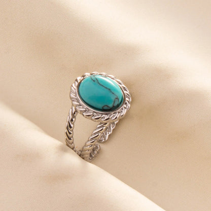 1pc Boho Turquoise Ring Stainless Steel Light Blue Gemstone Silver Adjustable Ring