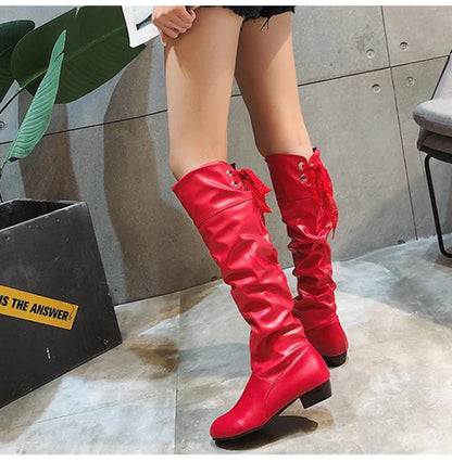 Knee High Boots, in Red, Black, and White, Tall Boots with Low Heel