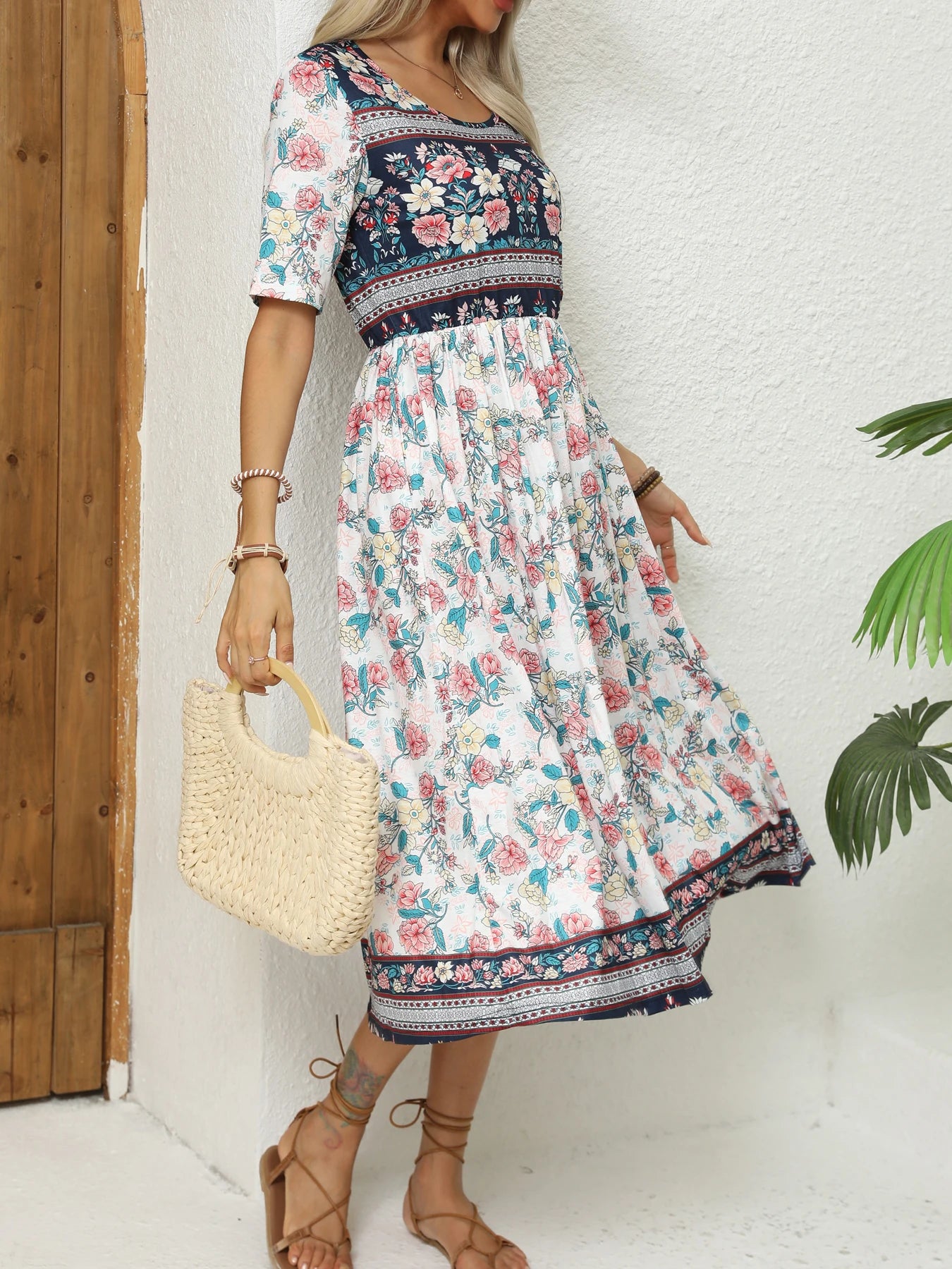 Bohemian To 3XL Print Midi Dress, Round neck, short sleeve, long skirt