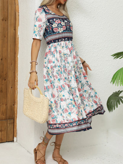 Bohemian To 3XL Print Midi Dress, Round neck, short sleeve, long skirt
