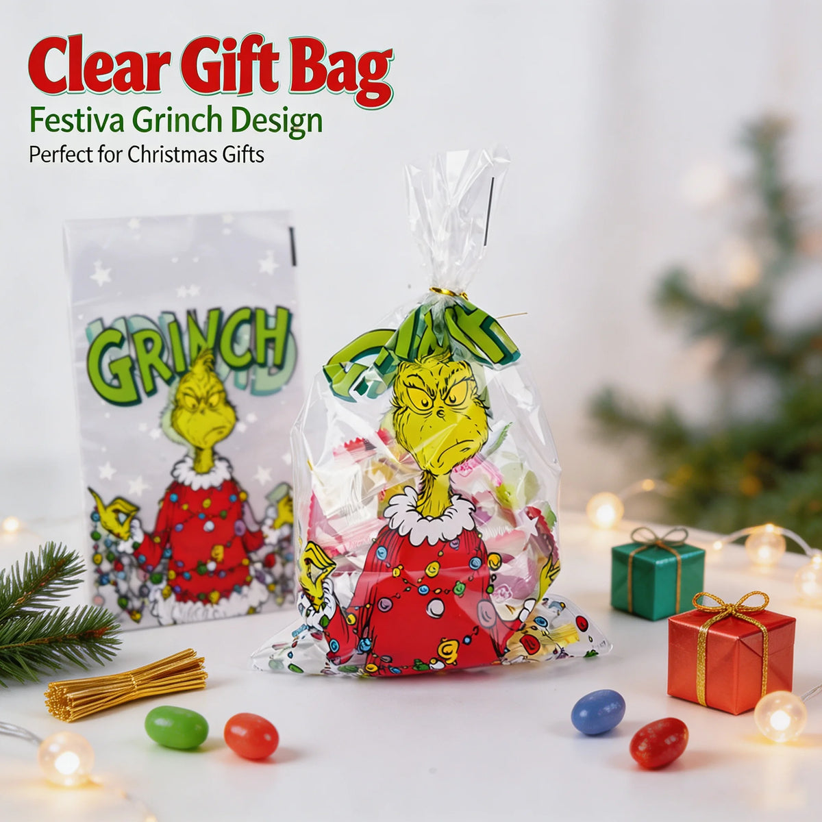 Grinch Christmas Gift Bags, Paper and Transparent, with Handles