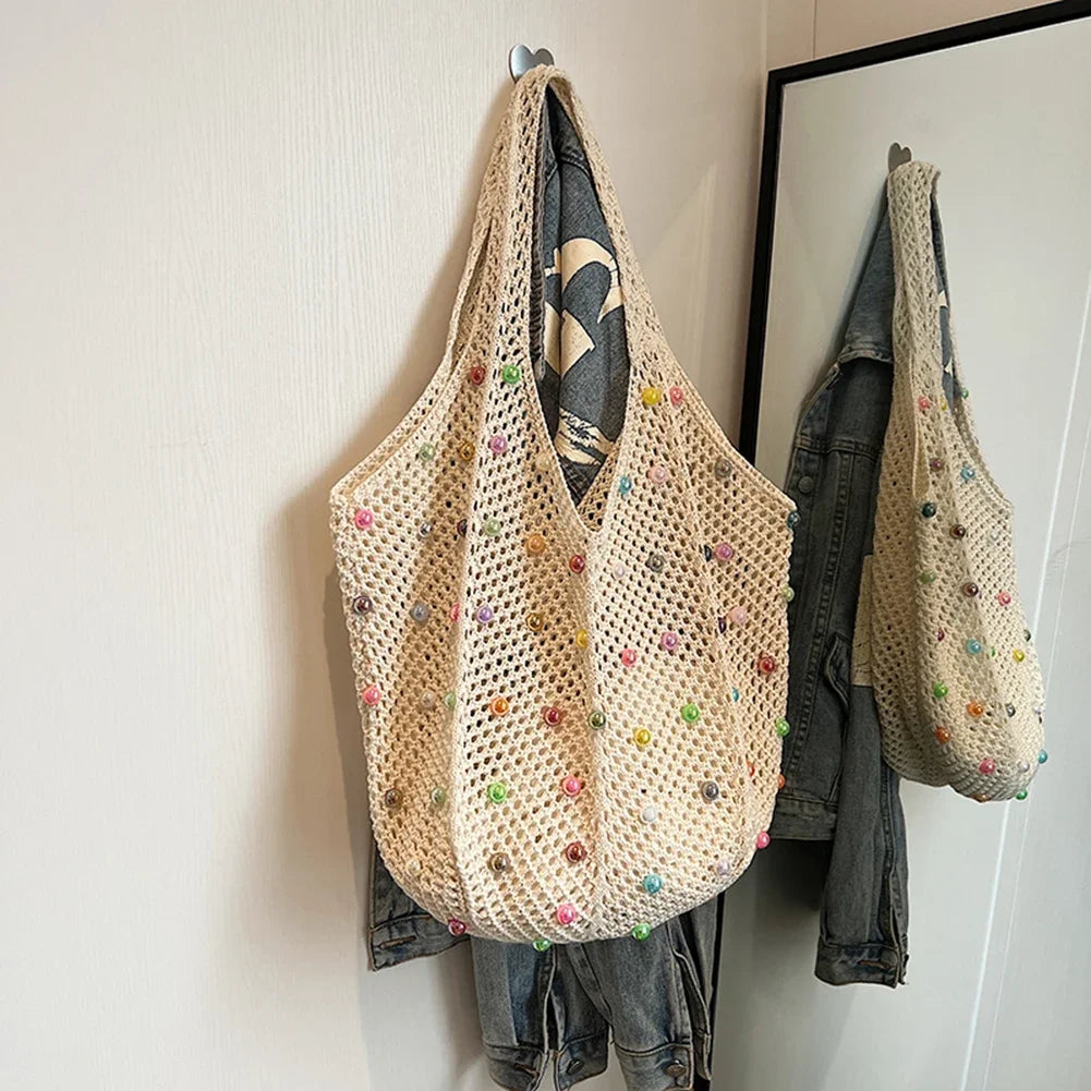 Boho Crochet Bag with Colored Beads Aesthetic Large Capacity Knitted Tote/Handbag Available in 4 Colors