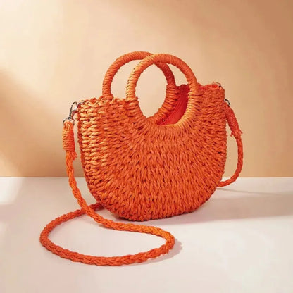 Handwoven Straw Rattan Half-Moon Beach Handbag or Crossbody Shoulder Bag. 4 other colors