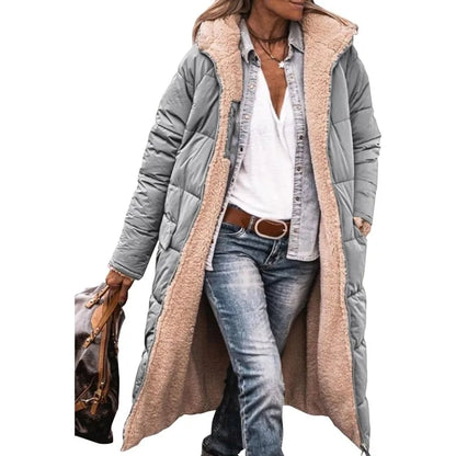 Reversible Sherpa Fleece, Long, Hooded Puffer Coats. Check colors: Brown, Green, Black, Burgundy, Light Gray
