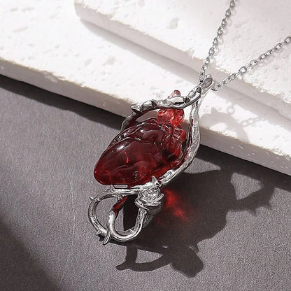 Halloween Gothic Red Crystal Flower Thorns Pendant Necklace Actual Human Heart Choker