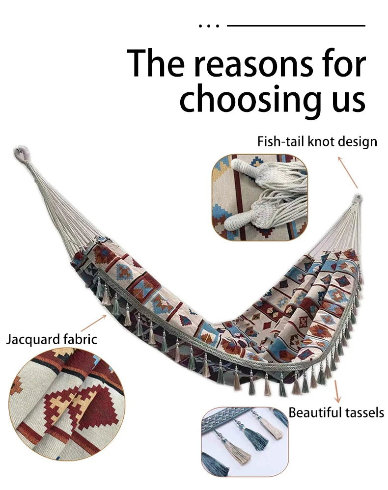A Bohemian ethnic style outdoor double hammock with a storage bag and binding ropes.