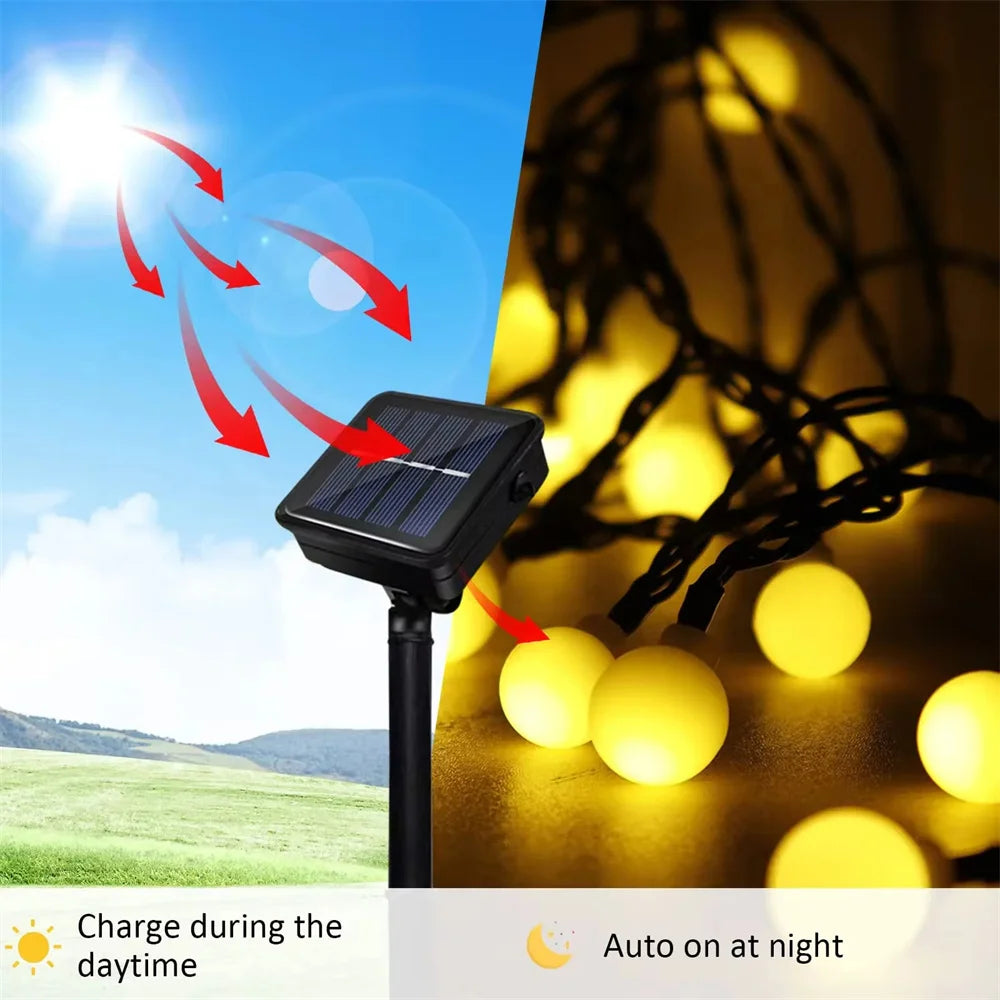 Frosted Globe Solar String Lights 100 LED IP65 Outdoor Fairy Lights