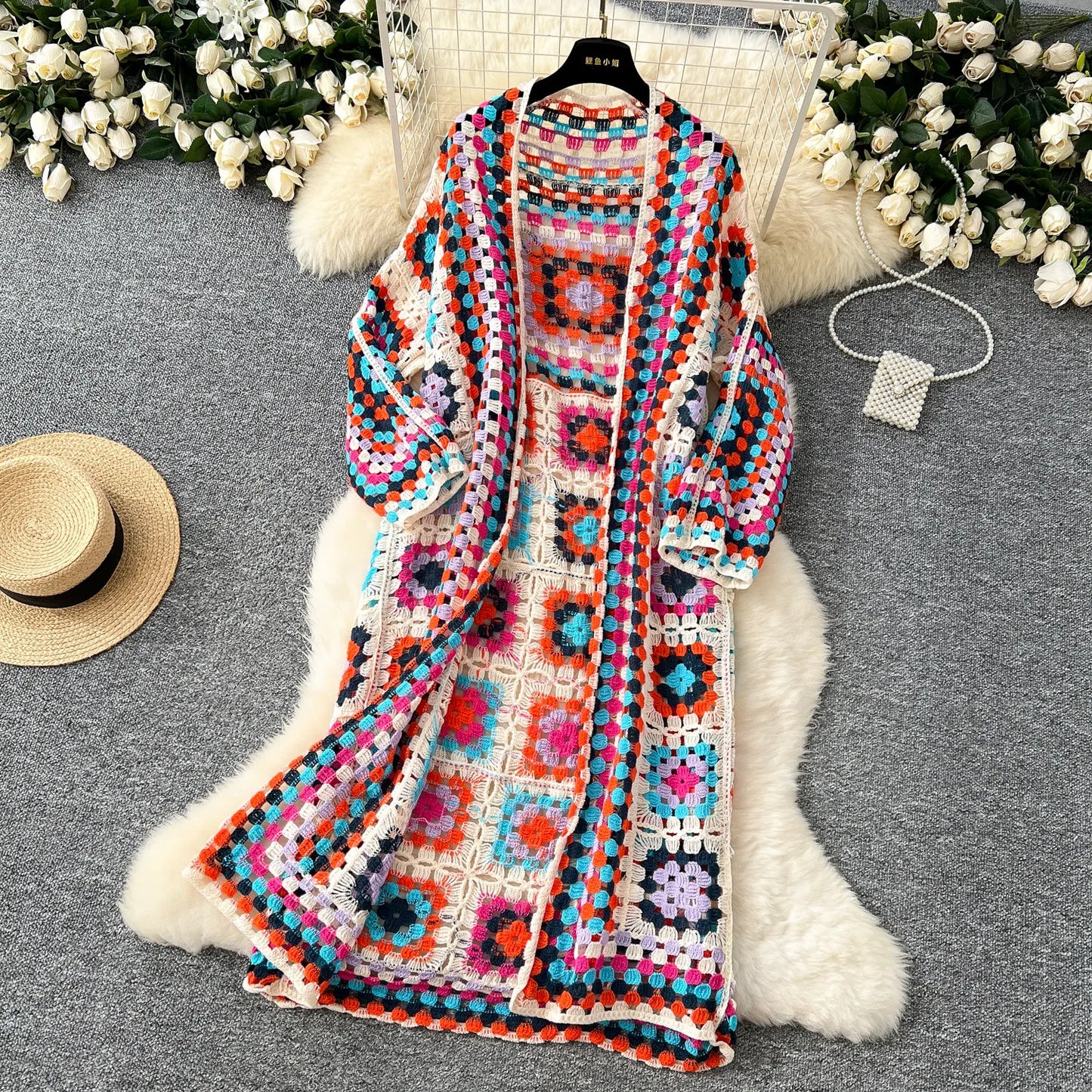 Boho Crocheted Knit Cardigan Midi Length