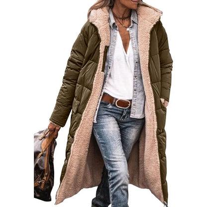 Reversible Sherpa Fleece, Long, Hooded Puffer Coats. Check colors: Brown, Green, Black, Burgundy, Light Gray
