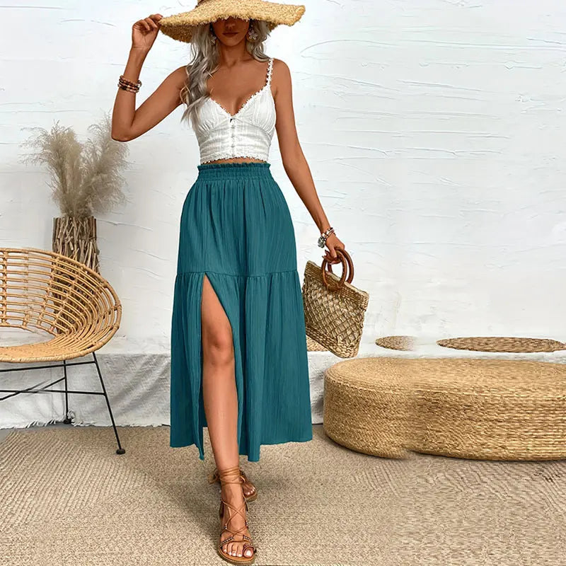Bohemian Midi Skirt, High Waisted, Solid Colors, Casual with Side Slit, 3 Colors
