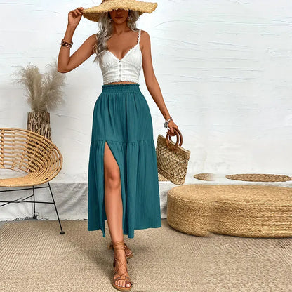 Bohemian Midi Skirt, High Waisted, Solid Colors, Casual with Side Slit, 3 Colors