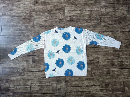 Boho Floral Print V Neck Crocheted Long Sleeved Sweater with Hollowed Out Knit Sleeves in 12 Different Designs